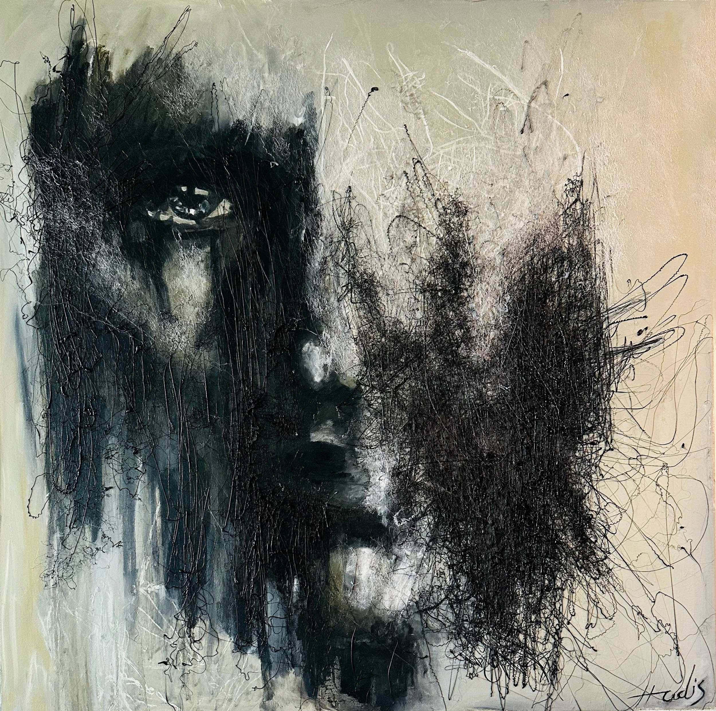 Black Hole, 2025 — mixed media by Hadis Bahrami, 36 × 36 in, from the series Living Against the Void.